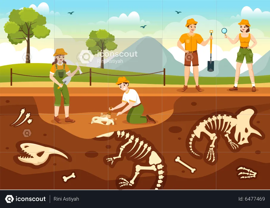 Archeologist group working at fossil excavation site  Illustration