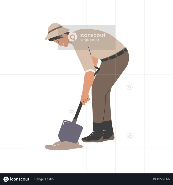 Archeologist man digging using spade  Illustration