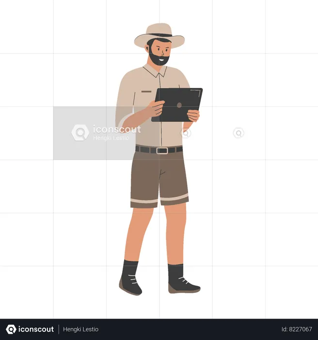 Archeologist man holding tablet and doing research  Illustration