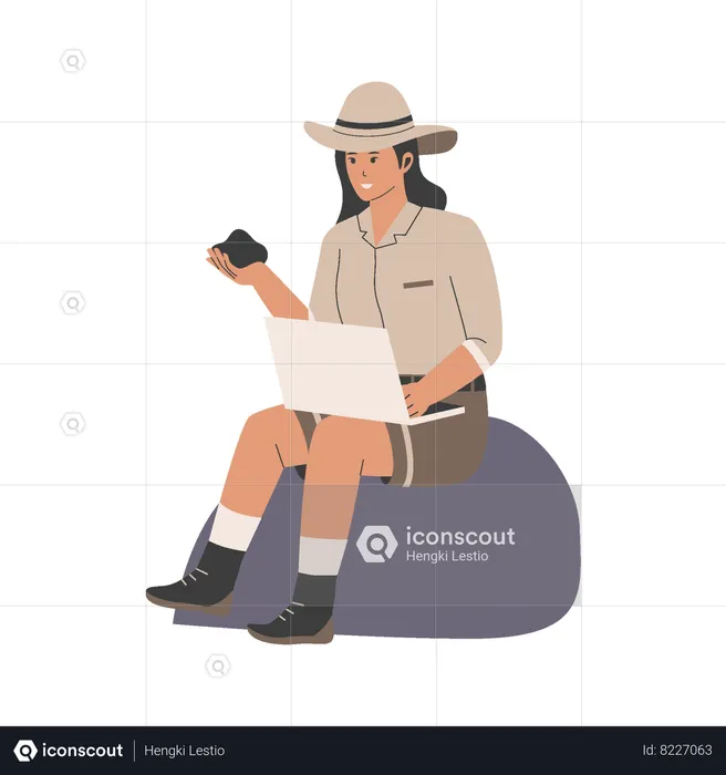 Archeologist woman holding soil while carrying laptop  Illustration