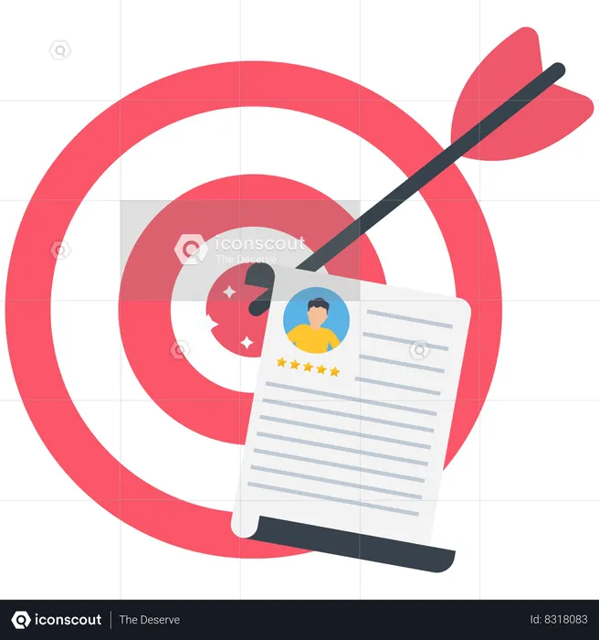 Archer bow hit on bullseye target with chosen candidate resume paper  Illustration