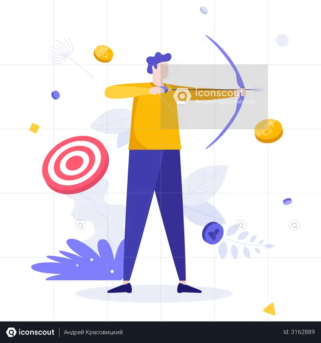 Archer or bowman holding bow and arrow, aiming and shooting  Illustration