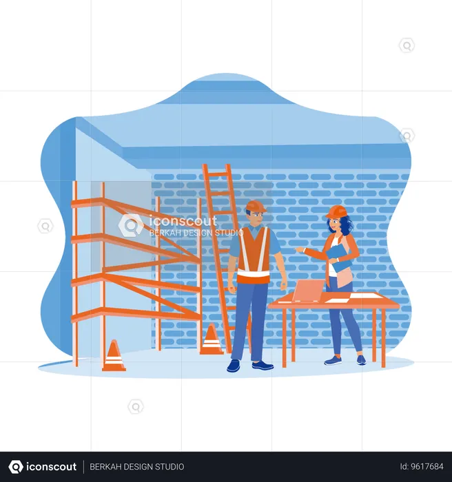 Architect And Engineer With  Laptop Monitor Progress Of Building House Project  Illustration