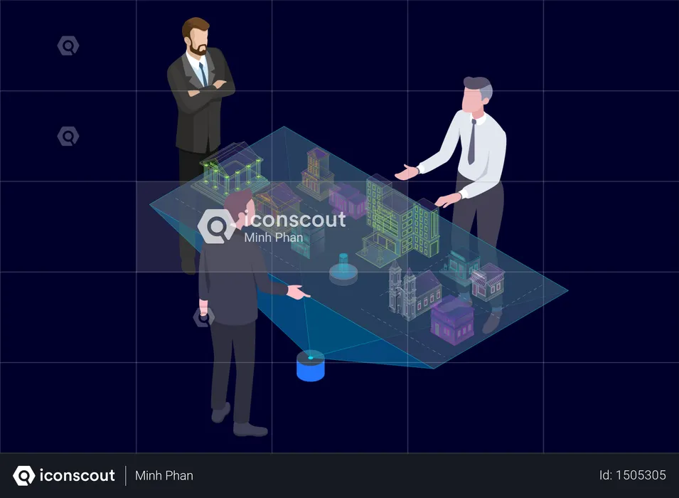 Architect explaining with Holographic Augmented Reality 3D City Model to businessman  Illustration