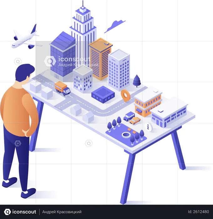 Architect looking at city model on table  Illustration