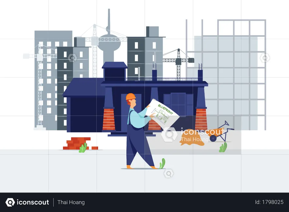 Architect showing blueprint of construction site and planning  Illustration