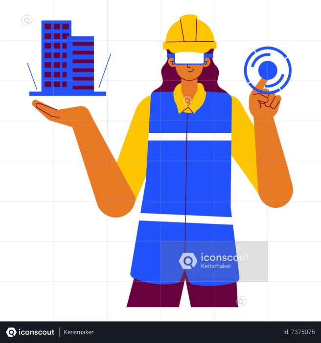 Architect works on a construction site in virtual reality  Illustration