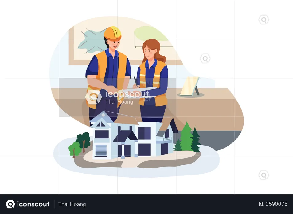 Architektinnen und Architekten diskutieren über den Bauplan  Illustration