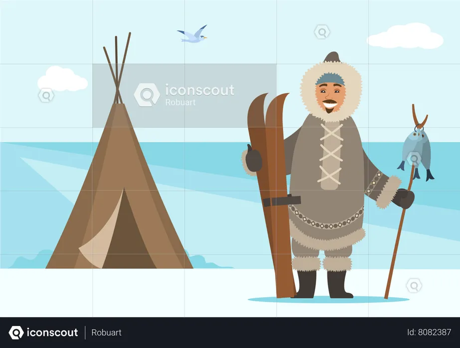 Arctic Person With Ski Equipment And Fish Stick  Illustration