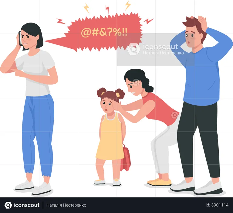 Arguing Female on Phone and Mother Cover Child Ears  Illustration
