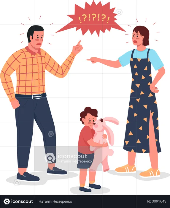 Arguing parents with scared child  Illustration