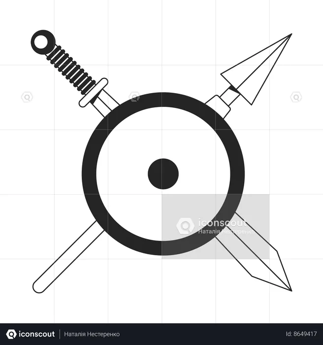 Arma medieval detrás del escudo  Ilustración