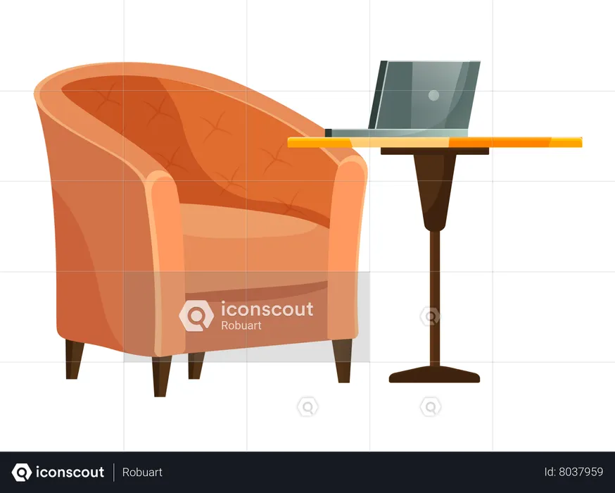 Armchair and Table with Laptop  Illustration