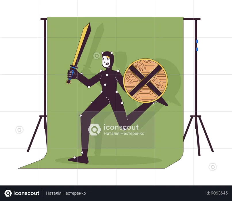 Armored actress is running on chromakey screen  Illustration