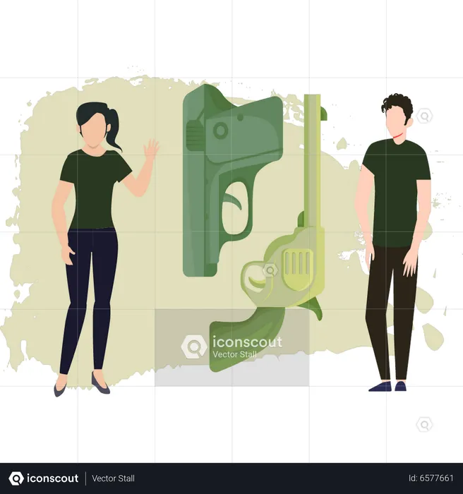 Army Man And Woman Looking At Gun  Illustration