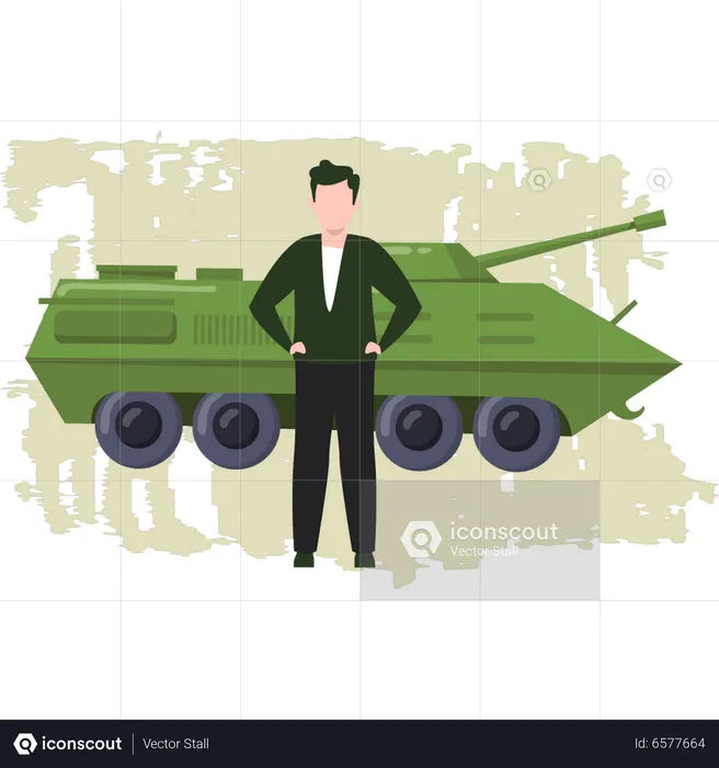 Army Man Standing Next To The Tank  Illustration
