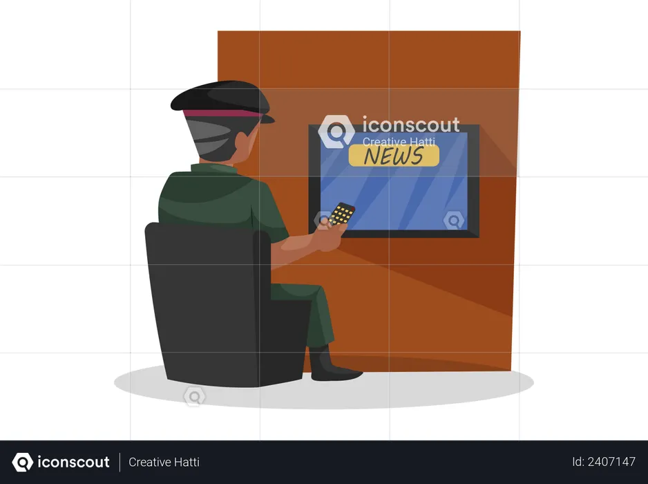 Army man watching news on TV  Illustration