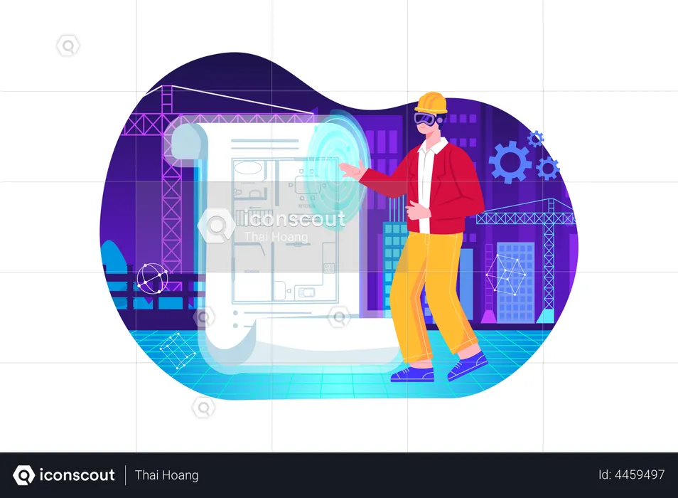 Arquiteto criando planta de casa usando tecnologia Metaverso  Ilustração