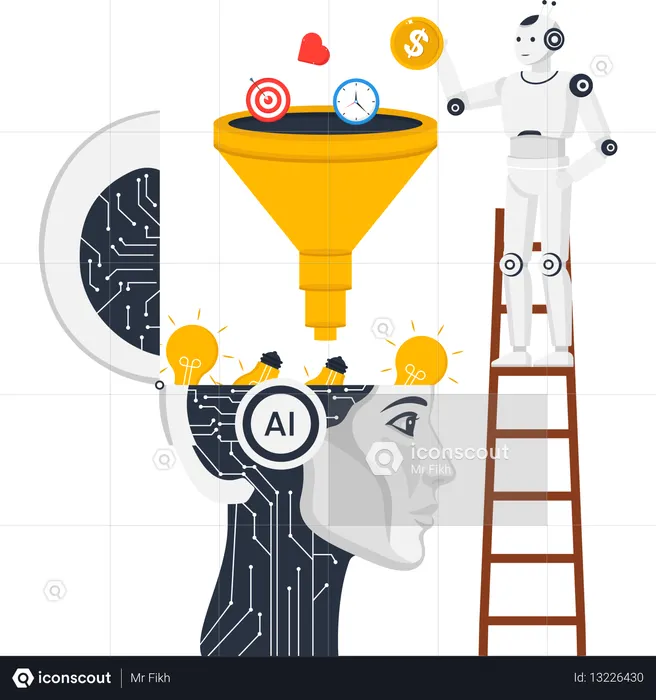 Artificial Intelligence concept with robot feeding data into a funnel for machine learning and innovation  Illustration