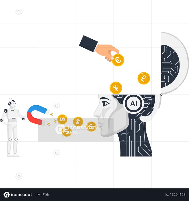 Artificial Intelligence finance  with robot attracting money and receiving currency investment  Illustration