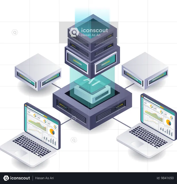 Artificial Intelligence in Server Data Analysis Networks  Illustration