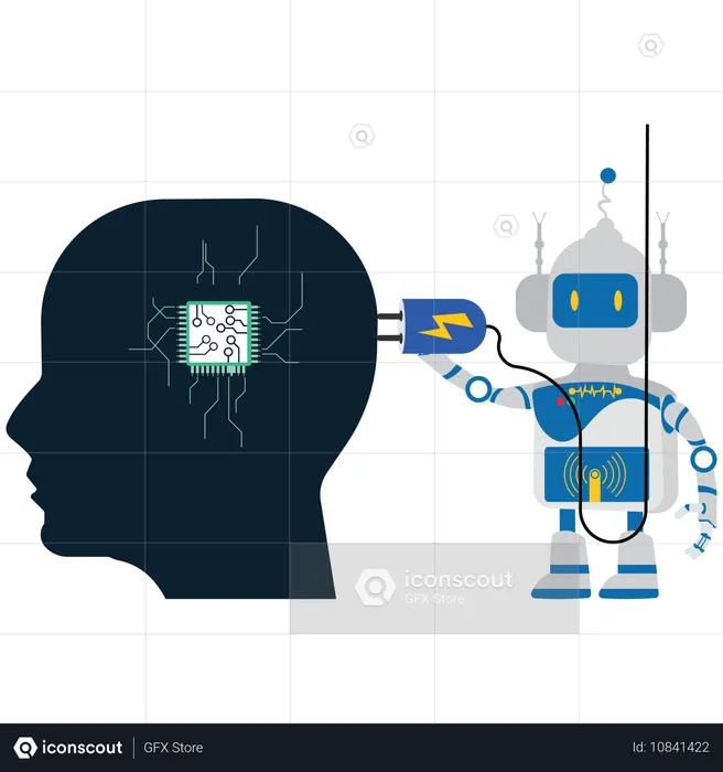 Artificial Intelligence, Insert the plug into the robot head, Businessman  Illustration