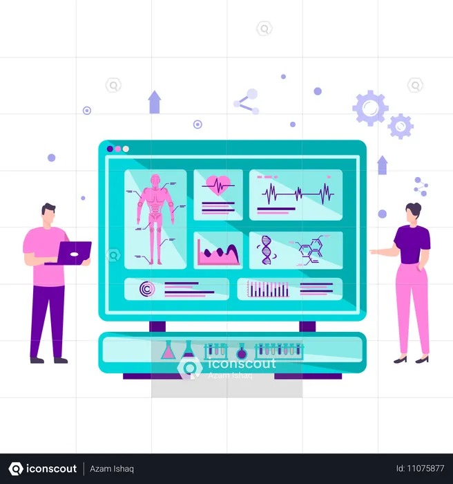 Artificial intelligence researchers observing various configurations in the human body within lab setting  Illustration