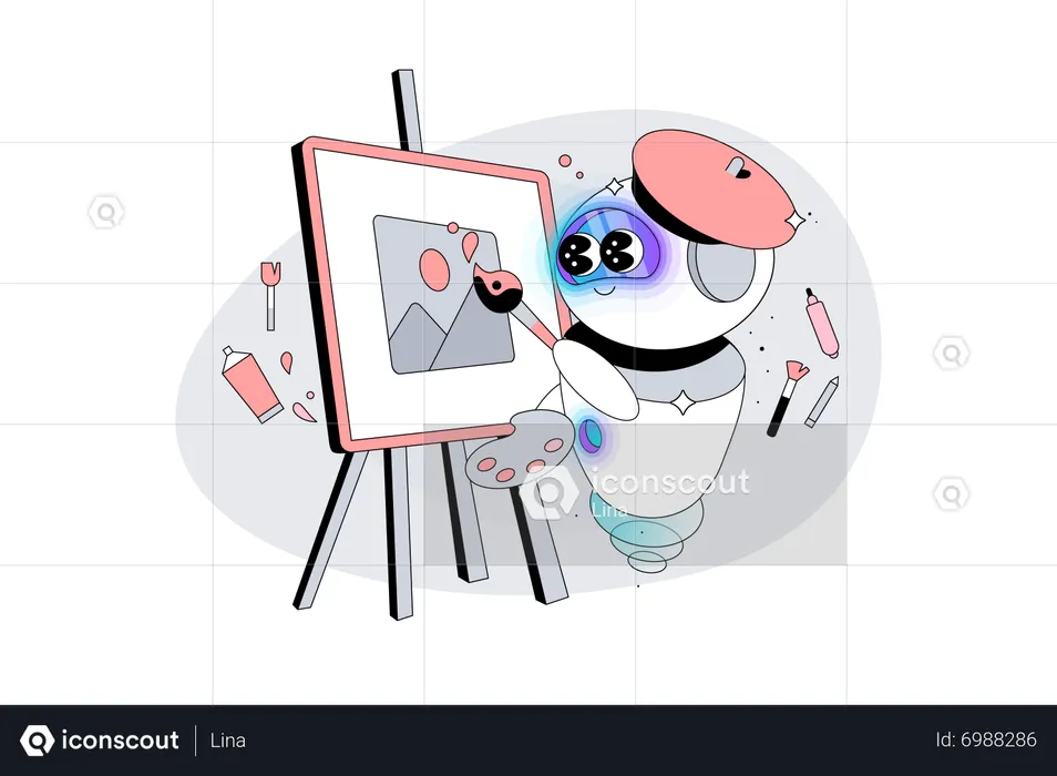 Artificial Intelligence Robot Artist Paints with Brush on Canvas  Illustration