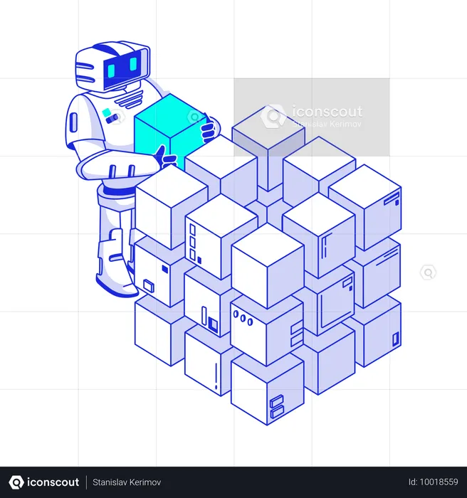 Artificial intelligence robot assembles complex blockchain  Illustration