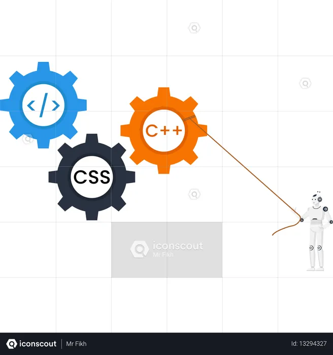 Artificial intelligence robot pulling programming language gears for software development automation with C++ and CSS  Illustration