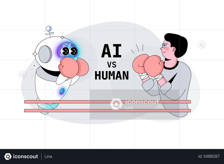 Artificial Intelligence Robot versus human fight in the ring  Illustration