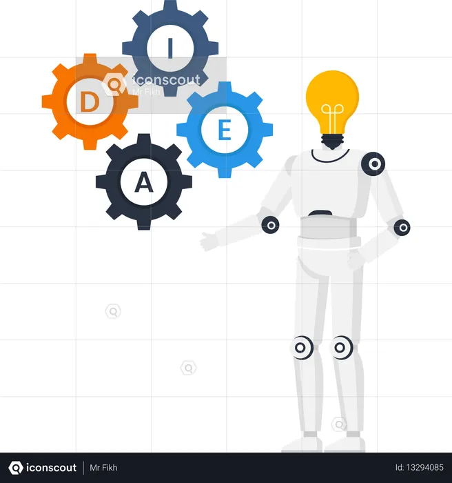 Artificial intelligence robot with lightbulb head and idea gears mechanism for innovation  Illustration
