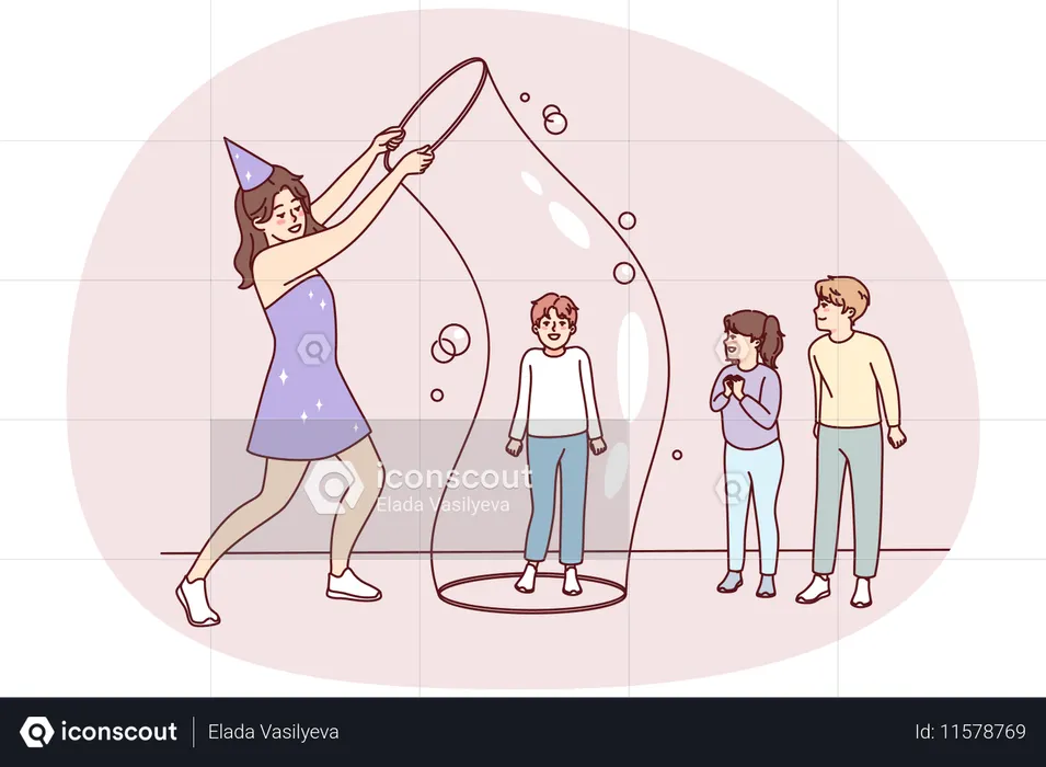 Artista feliz brincando com bolhas com crianças  Ilustração