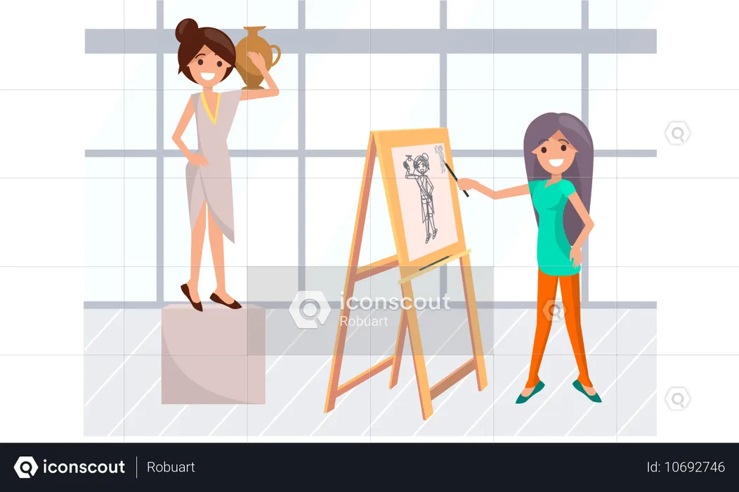 Aulas de retrato de mulher artista e modelo em pose  Illustration