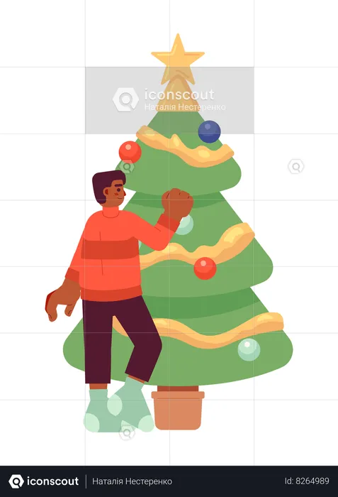 Menino afro-americano decorando a árvore de Natal  Ilustração