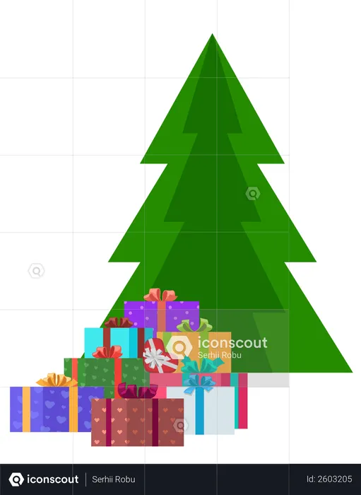 Árvore de Natal decorada com caixas de presente  Ilustração