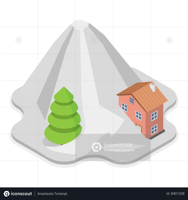 Árvores e casas são danificadas por deslizamentos de terra  Ilustração