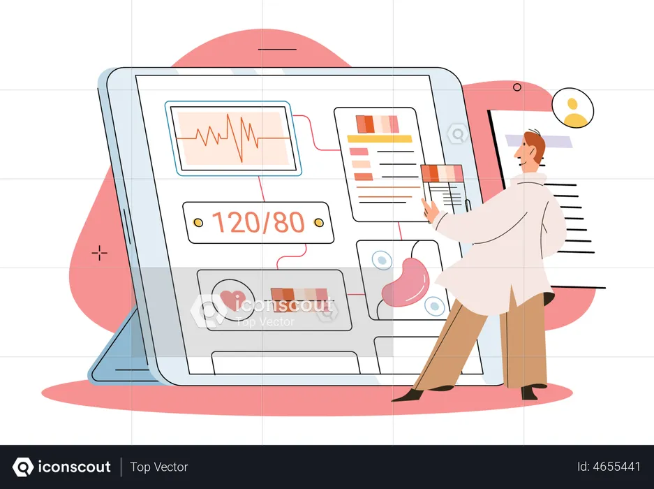 Arzt aktualisiert Patientendaten auf dem Online-Dashboard  Illustration