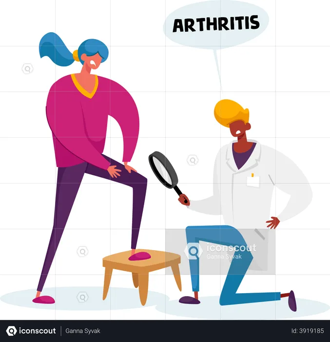 Arzt-Arthrologe-Figur mit Lupe beobachtet Arthritis-Knie des Patienten  Illustration