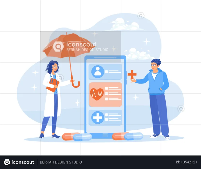 Arzt hält Regenschirm und zeigt Patienten Krankenversicherungsvertrag  Illustration