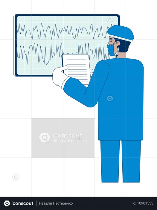 Arzt im OP-Kittel analysiert Gehirnströme-Daten auf Monitor  Illustration