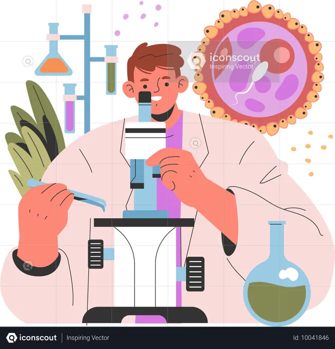 Arzt untersucht Samenzelle unter dem Mikroskop  Illustration