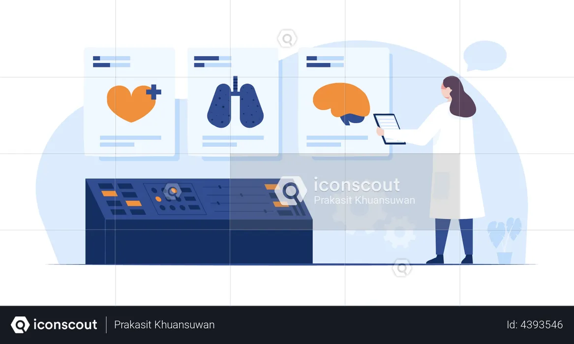 Ärztin untersucht Gesundheitsbericht eines Patienten  Illustration