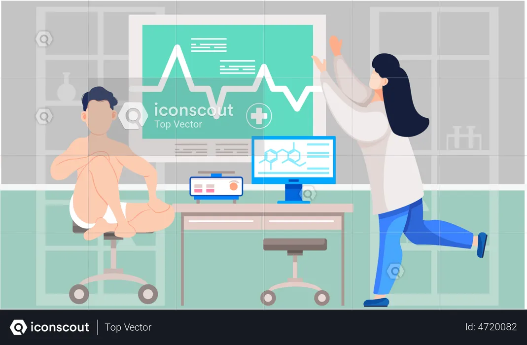 Ärztin untersucht Patientenkardiogramm  Illustration