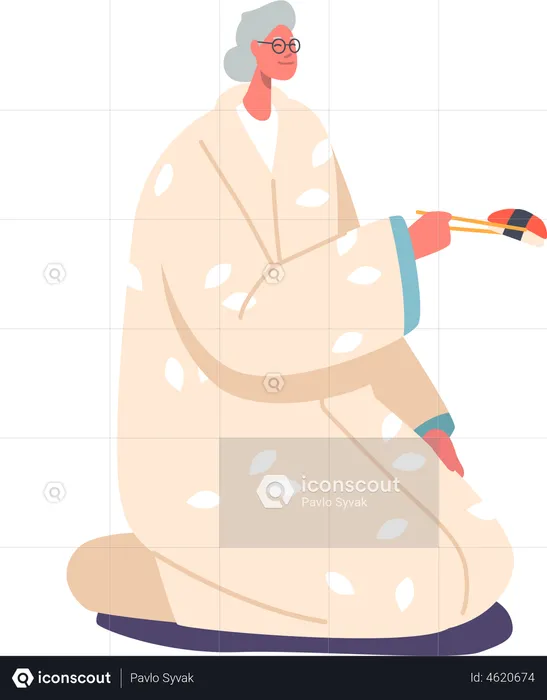 Asian Aged Woman Eat Sushi with Chopsticks Sitting on Floor  Illustration