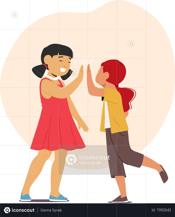 Asian And Caucasian Girls Joyfully Giving Each Other High Five  Illustration