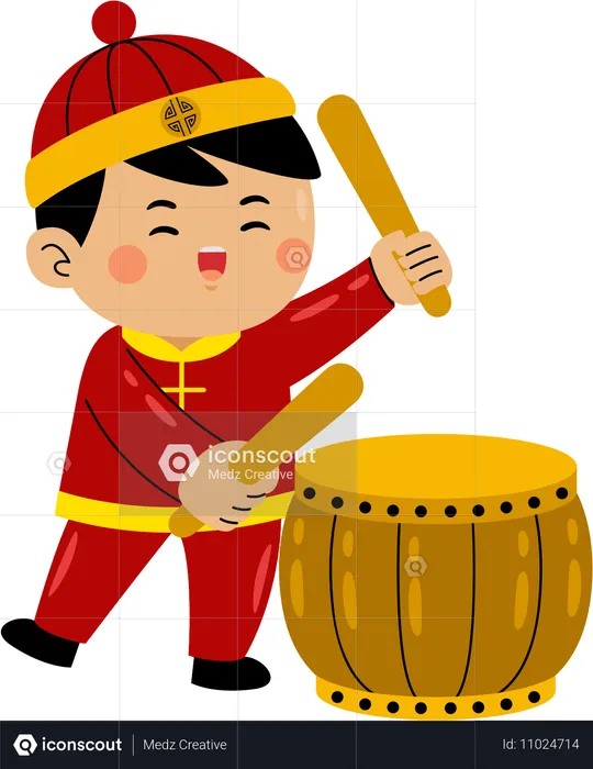 Asian boy beating drum  Illustration