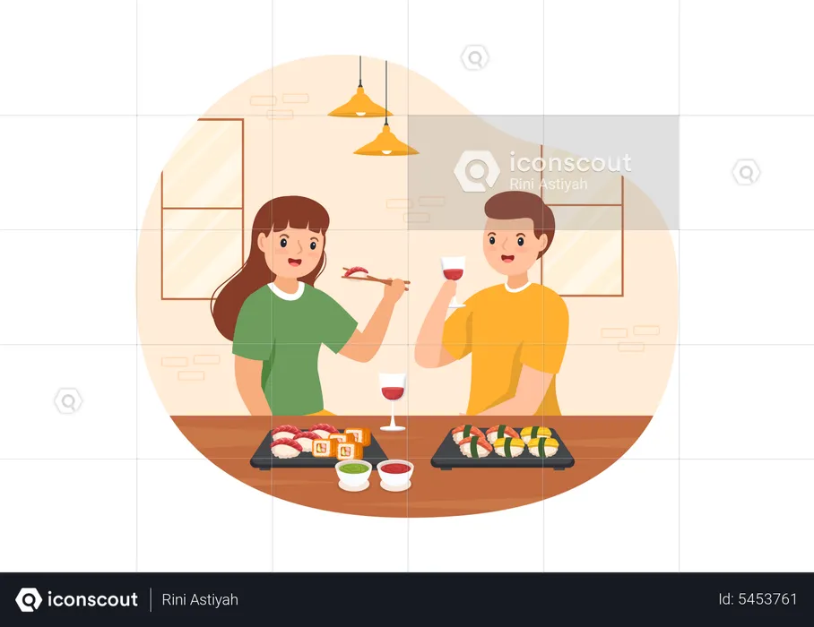 Asian Couple eating sushi  Illustration