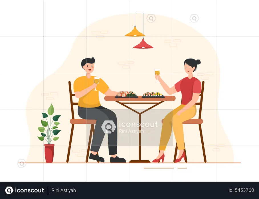 Asian Couple eating sushi at restaurant  Illustration