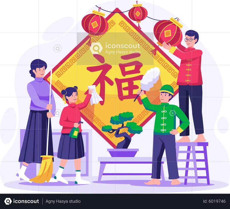 Asian Family doing house chores together  Illustration